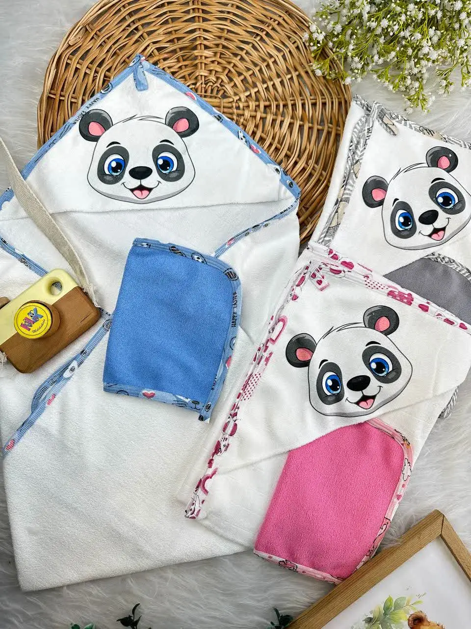 حوله دوتکه لیف دار طرح کله پاندا نوزادی و کودک کد ۳۳۵۰۲۵ 
