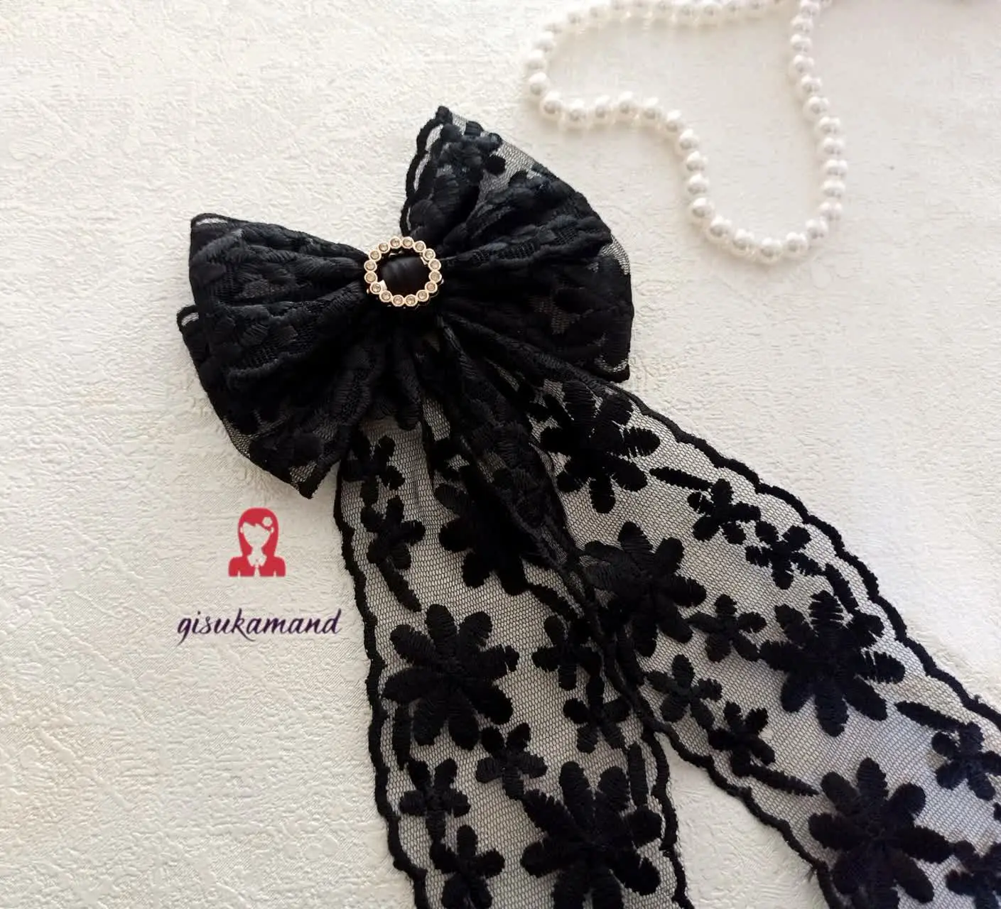 گلسر پاپیون دوبل دنباله دار گیپور با خرجکار حلقه نگین دار
