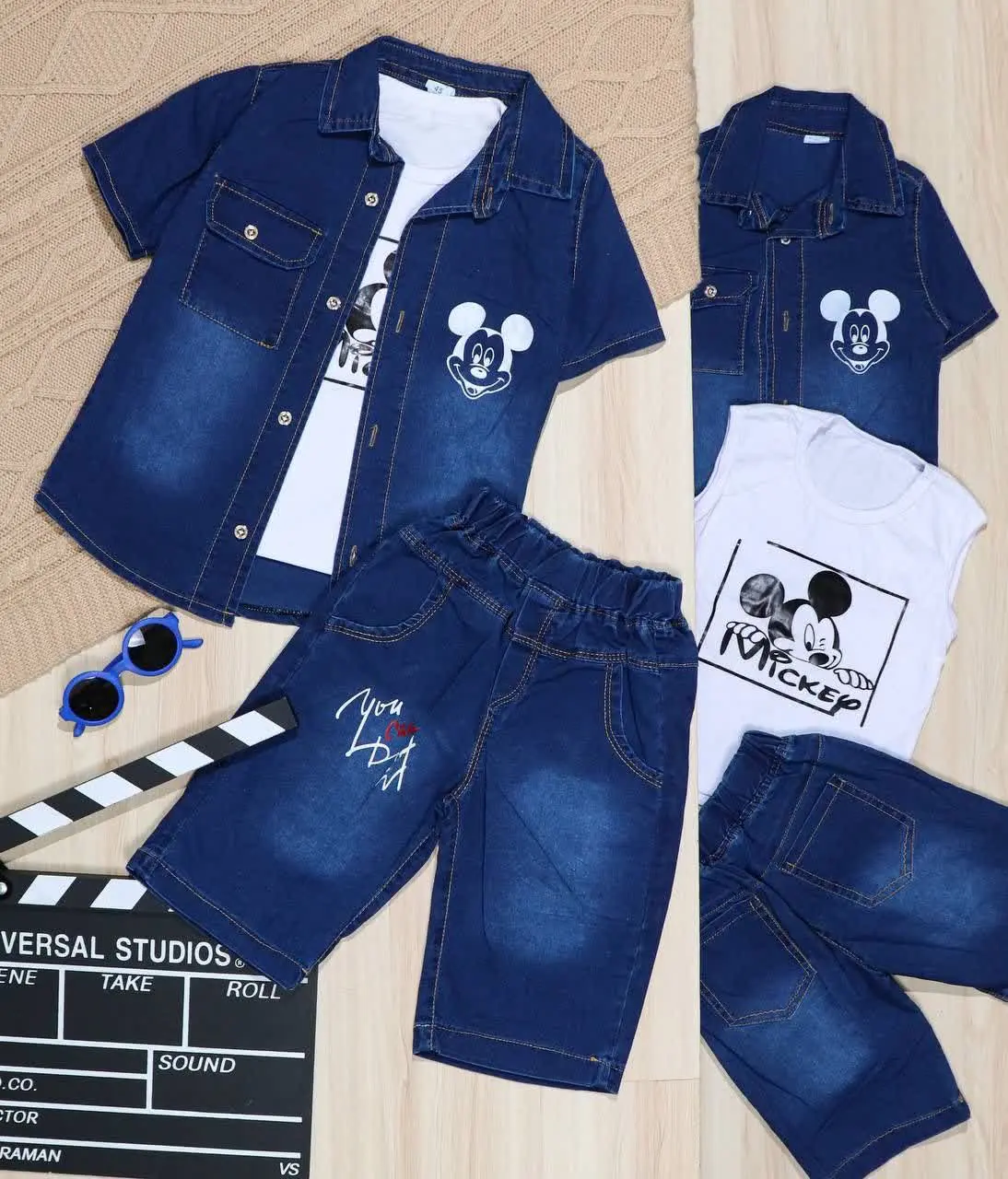 👫سه تیکه پیراهن و شلوارک جین چاپ میکی موس👫
