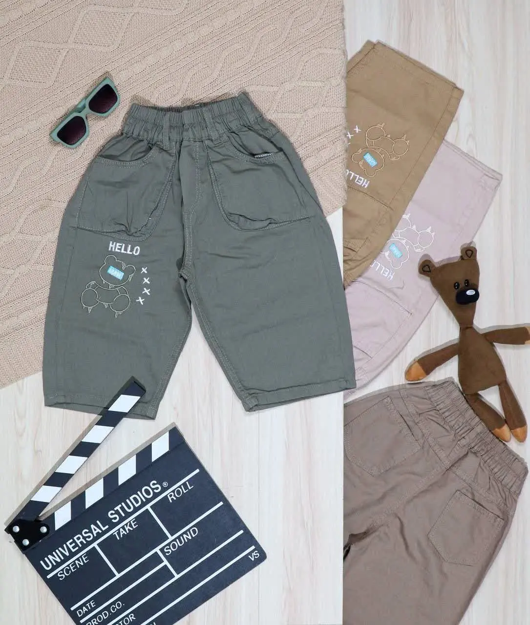 👫شلوارک کتان گلدوزی خرس HELLO👫
