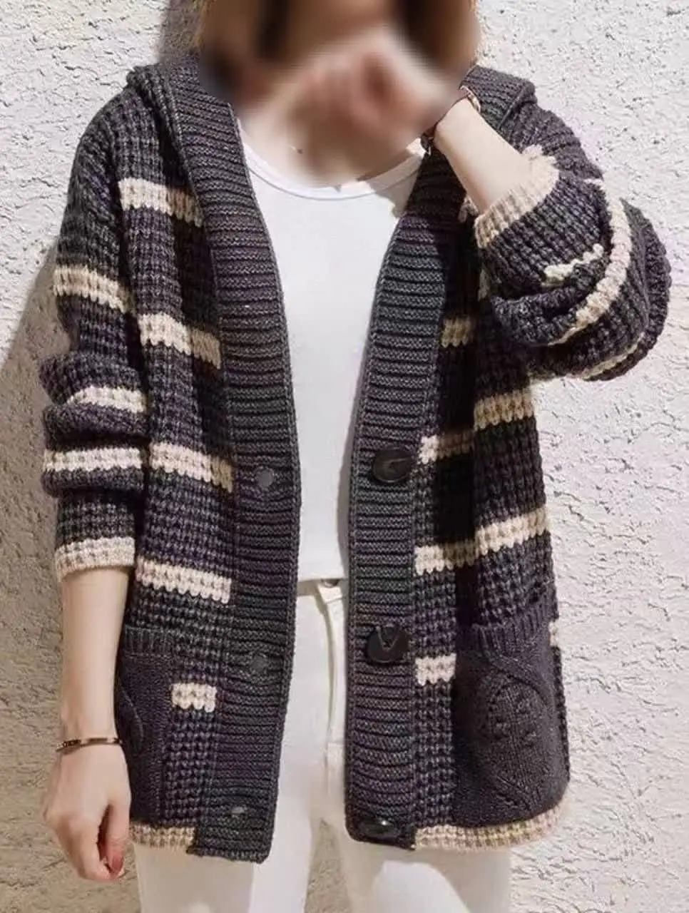 ژاکت بافت کلاهدار شیک , وار...