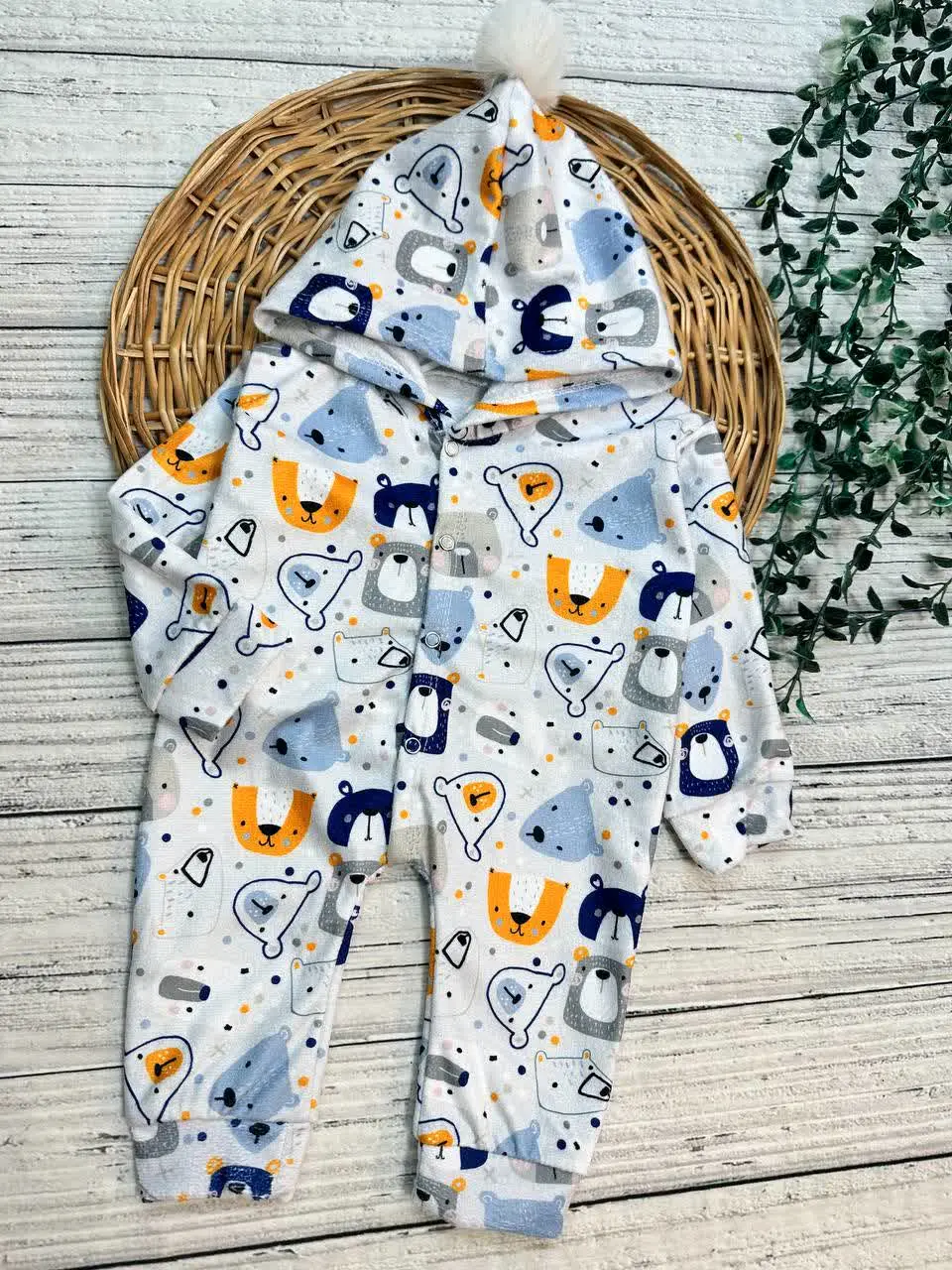 سرهمی مخمل طرح خرس تمام چاپ آبی نوزادی و کودک کد ۱۱۲۰۸۳ 
