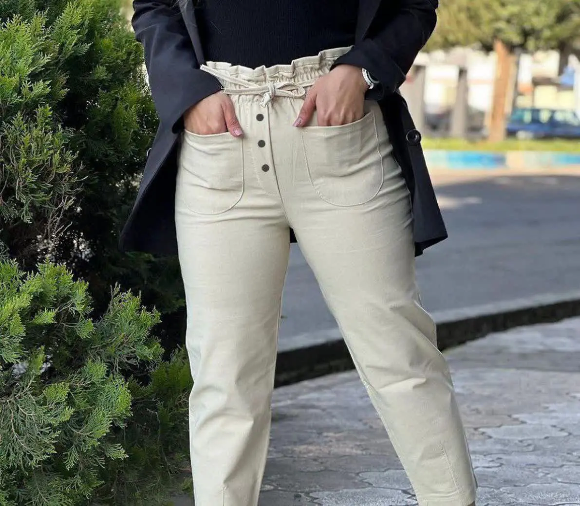 شلوار کتان مام فیت کمر هویجی