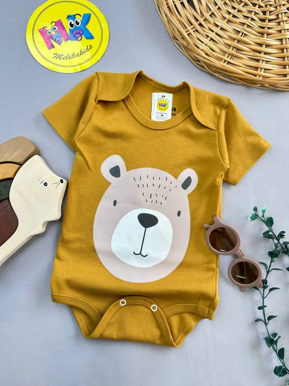 بادی زیردکمه آستین کوتاه طرح خرس فانتزی خردلی نوزادی و کودک کد ۱۱۸۱۱۰ 
