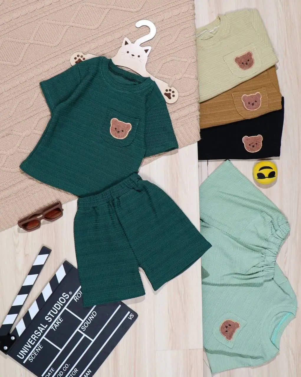 👫تیشرت و شلوارک بیسکوئیتی تک جیب گلدوزی خرس 👫
