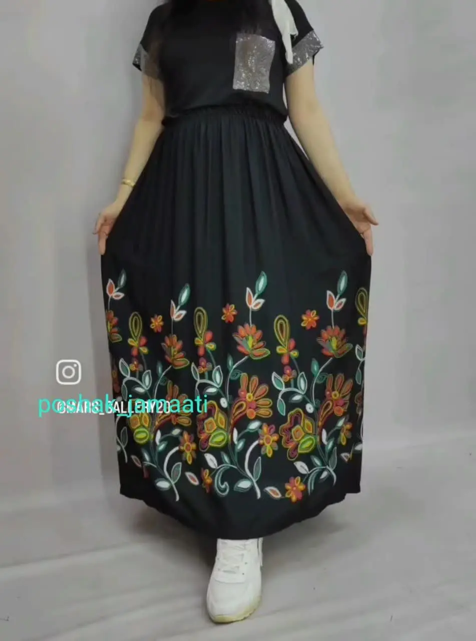 🌼دامن نخی، پایین گلدوزی سده، کمر کش
