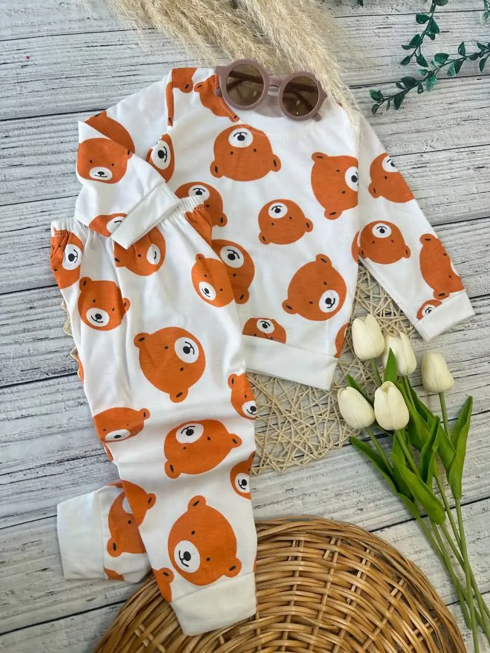 بلوز شلوار طرح تدی نارنجی نوزادی و کودک کد ۱۷۳۰۴۴ 
