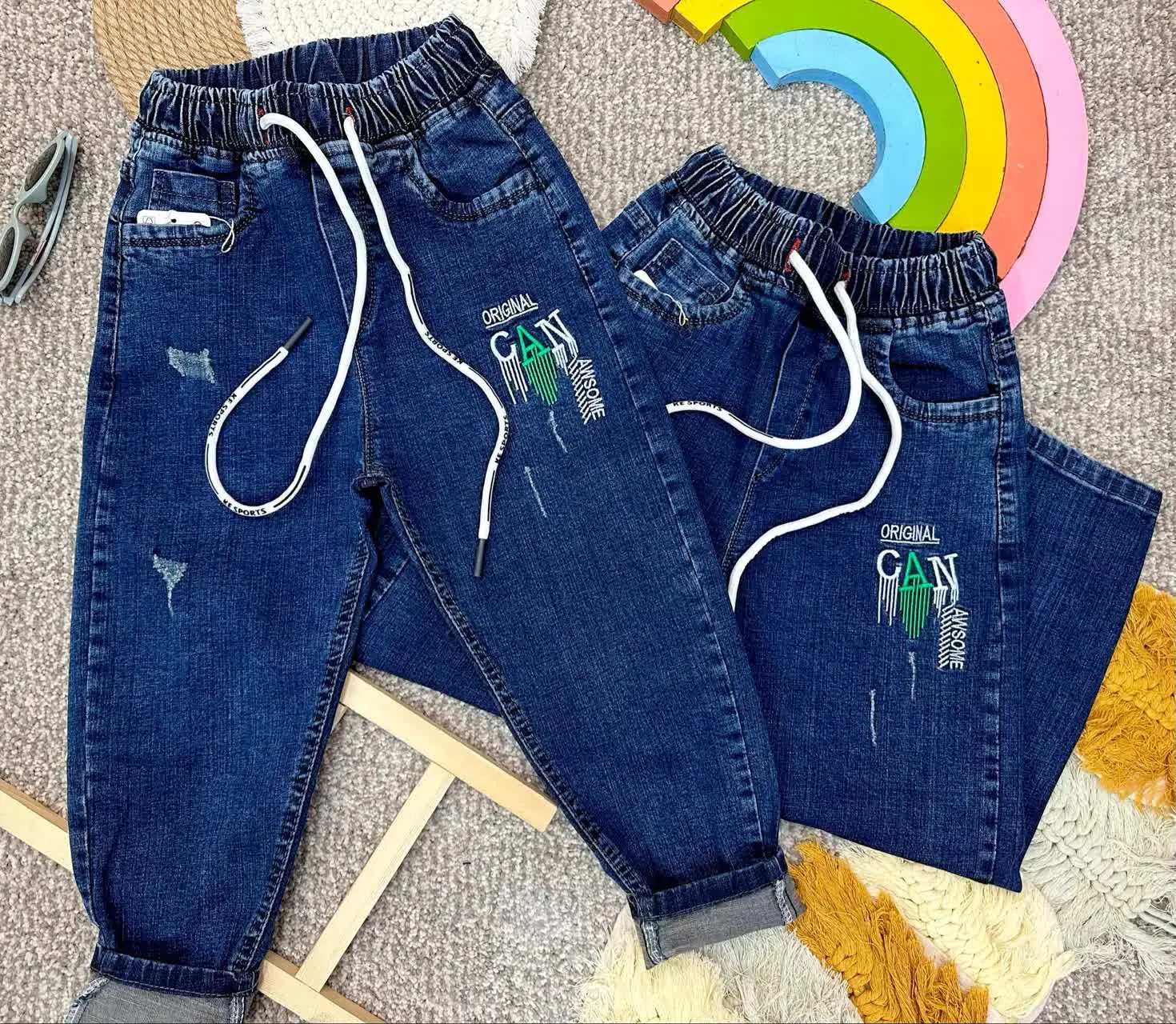 👫شلوار لی مام سورمه‌ای گلدوزی پسرانه CAN😍
