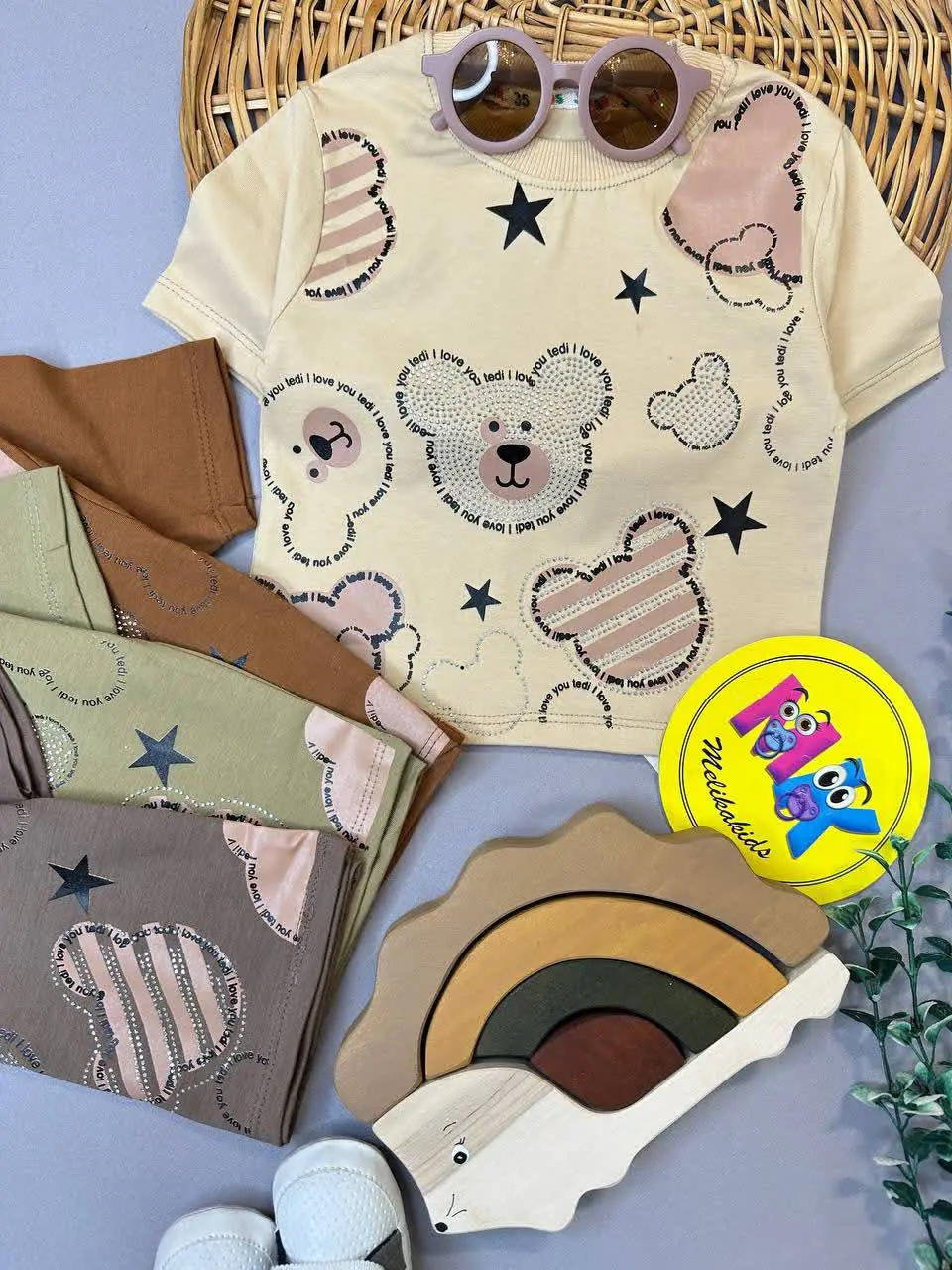 بلوز تیشرت تک طرح خرس و سایه ستاره دار نوزادی و کودک کد ۱۱۱۲۳ 
