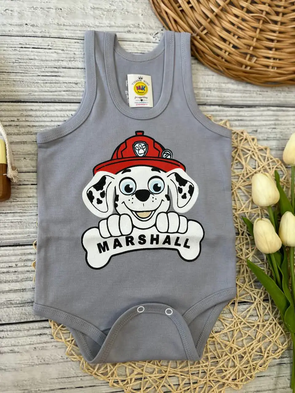 بادی زیردکمه طرح سگ خالدار طوسی نوزادی و کودک کد ۱۱۸۰۳۸ 
