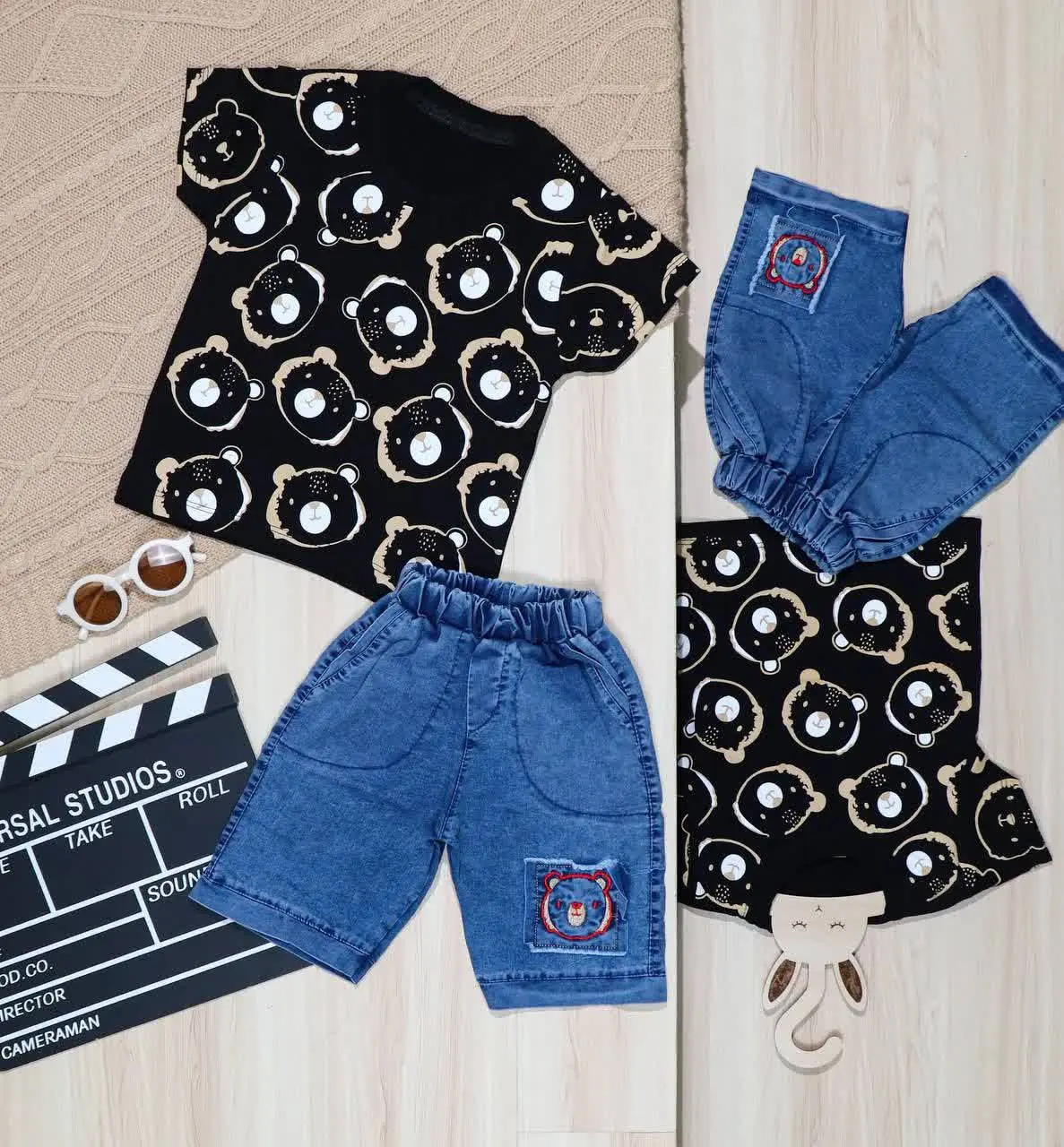 👫تیشرت مشکی و شلوارک جین چاپ خرس👫

