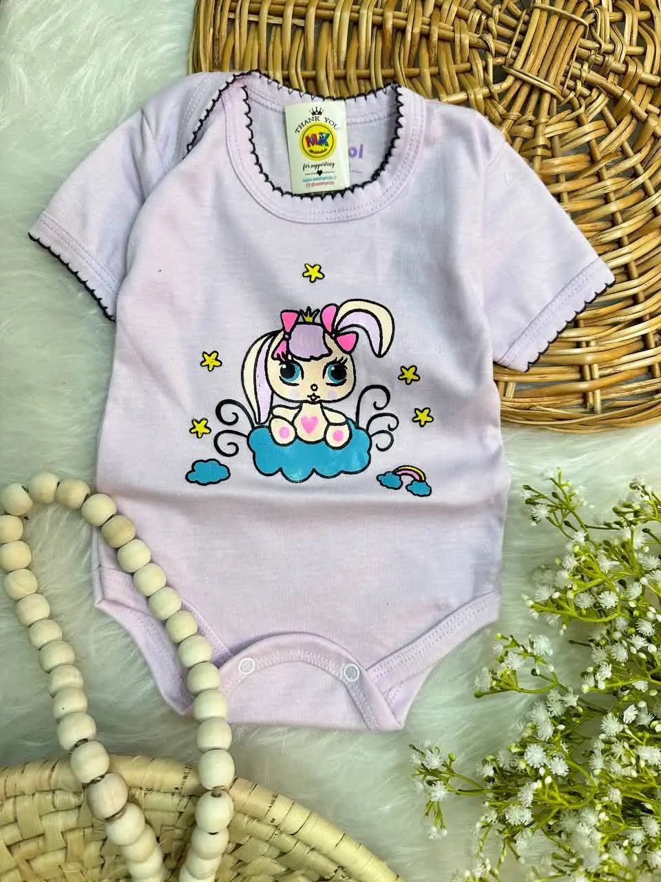 بادی آستین کوتاه طرح خرگوش یاسی نوزادی و کودک کد ۱۱۸۰۵۵ 
