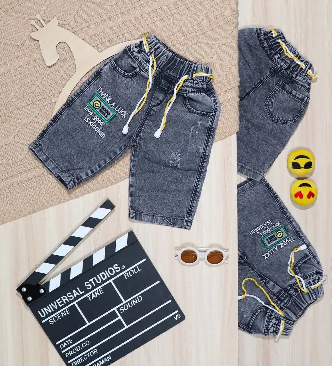 👫شلوارک جین زغالی بگ گلدوزی GOOD SMILE👫
