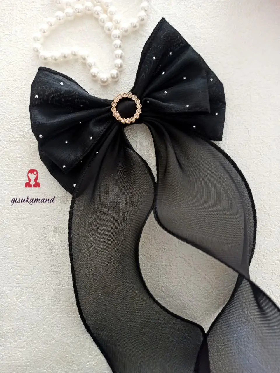 گلسر پاپیون دوبل نگین کوب با دنباله حریر و خرجکار حلقه نگینی
