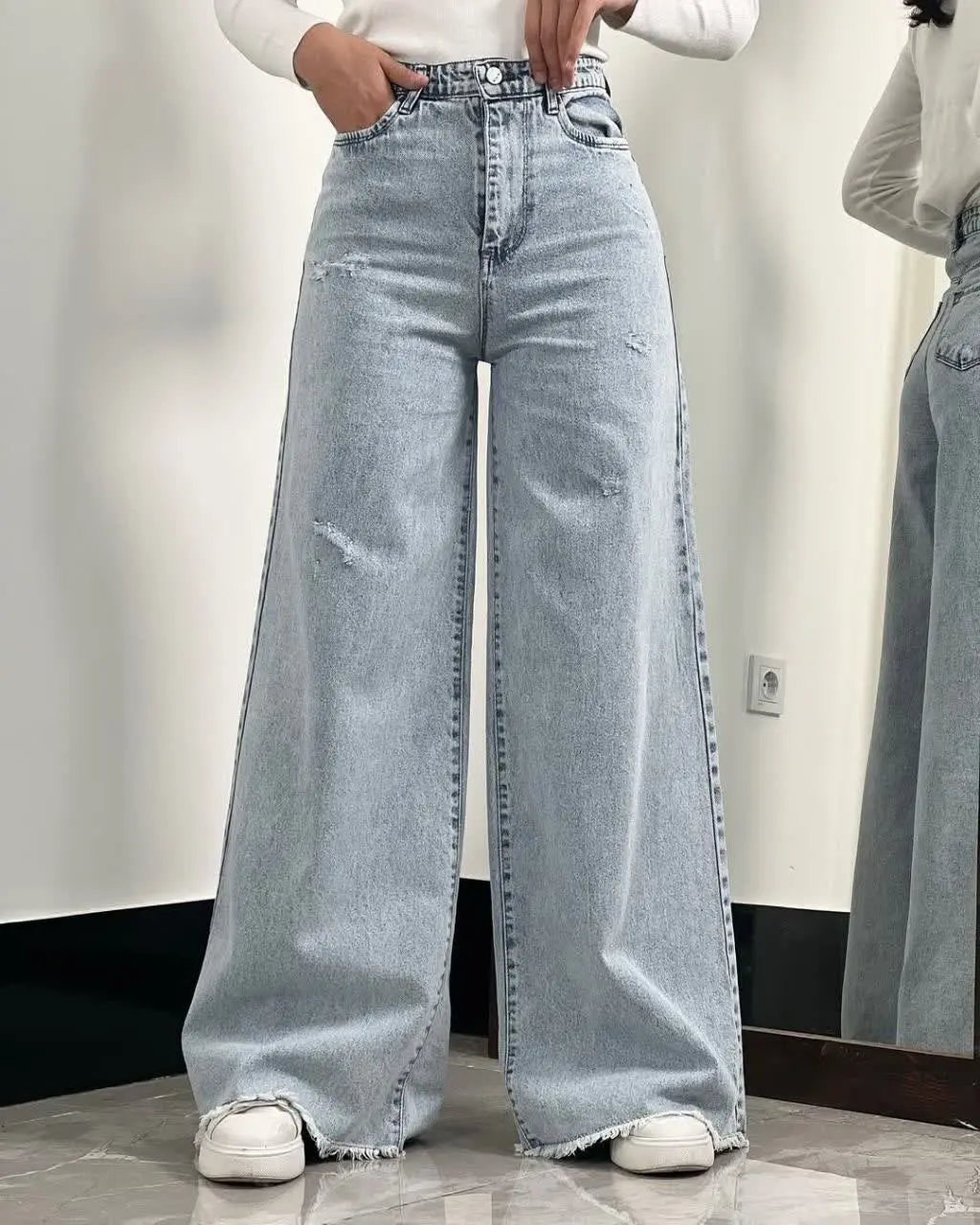 🌹شلوار لی کج راه سنگ شور شده