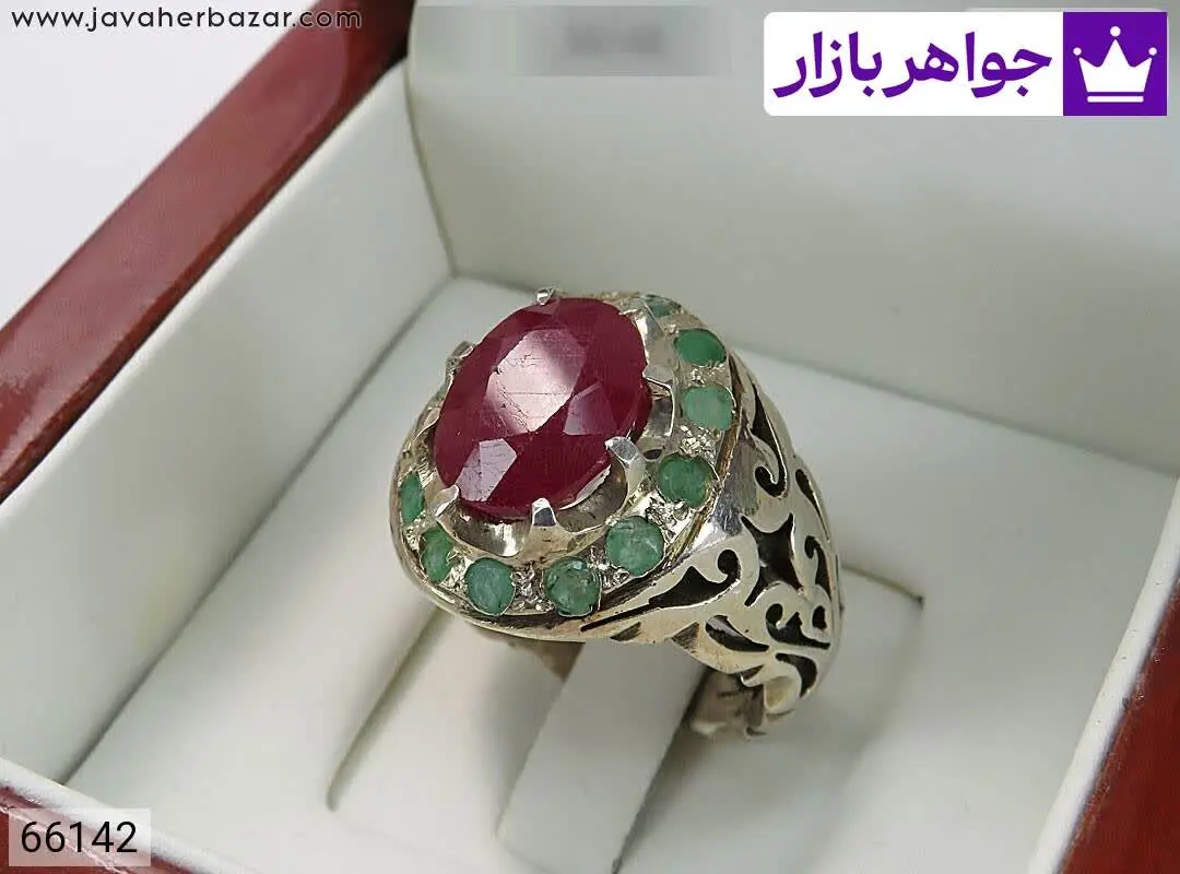 انگشتر نقره یاقوت و زمرد فا...