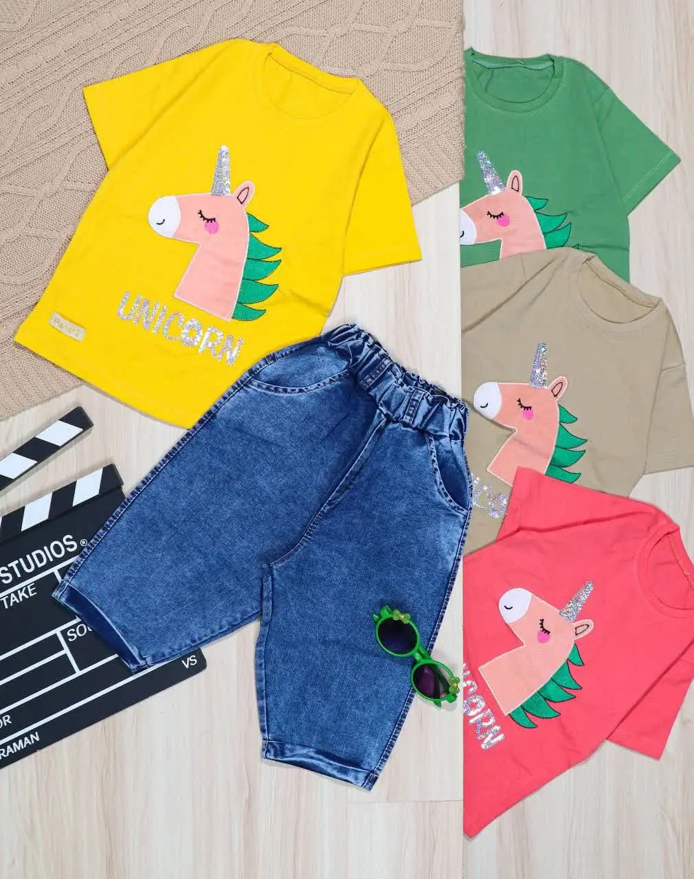 👫تیشرت و شلوارک جین گلدوزی اسب تکشاخ👫
