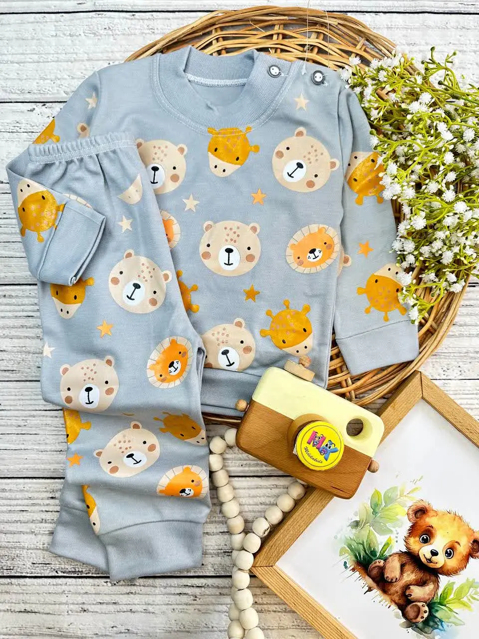 بلوز شلوار طرح کله حیوانات طوسی نوزادی و کودک کد ۱۷۳۱۹۳ 
