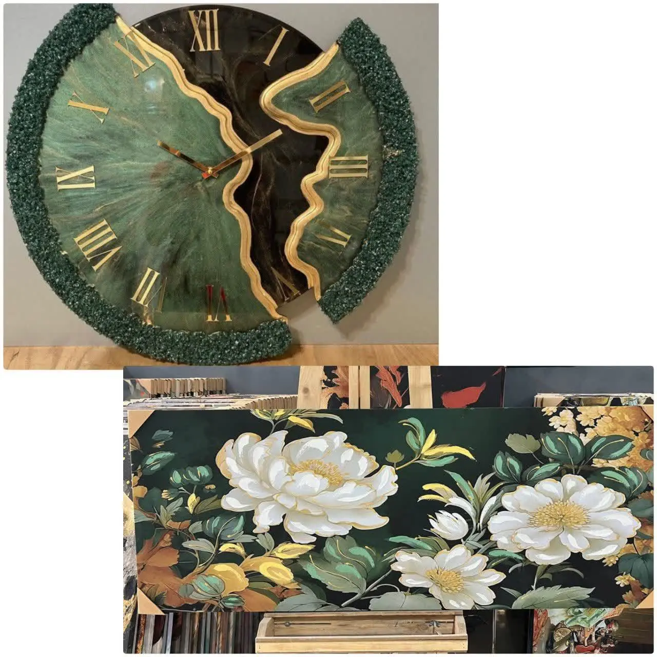 🔸 ساعت دیواری سنگ‌نگاری شده با طراحی منحصر‌به‌فرد و تلفیق چوب و رزین – یه ترکیب لوکس و خاص برای دکور هرجایی که می‌خوای انرژی و ظرافت داشته باشه👌😍
