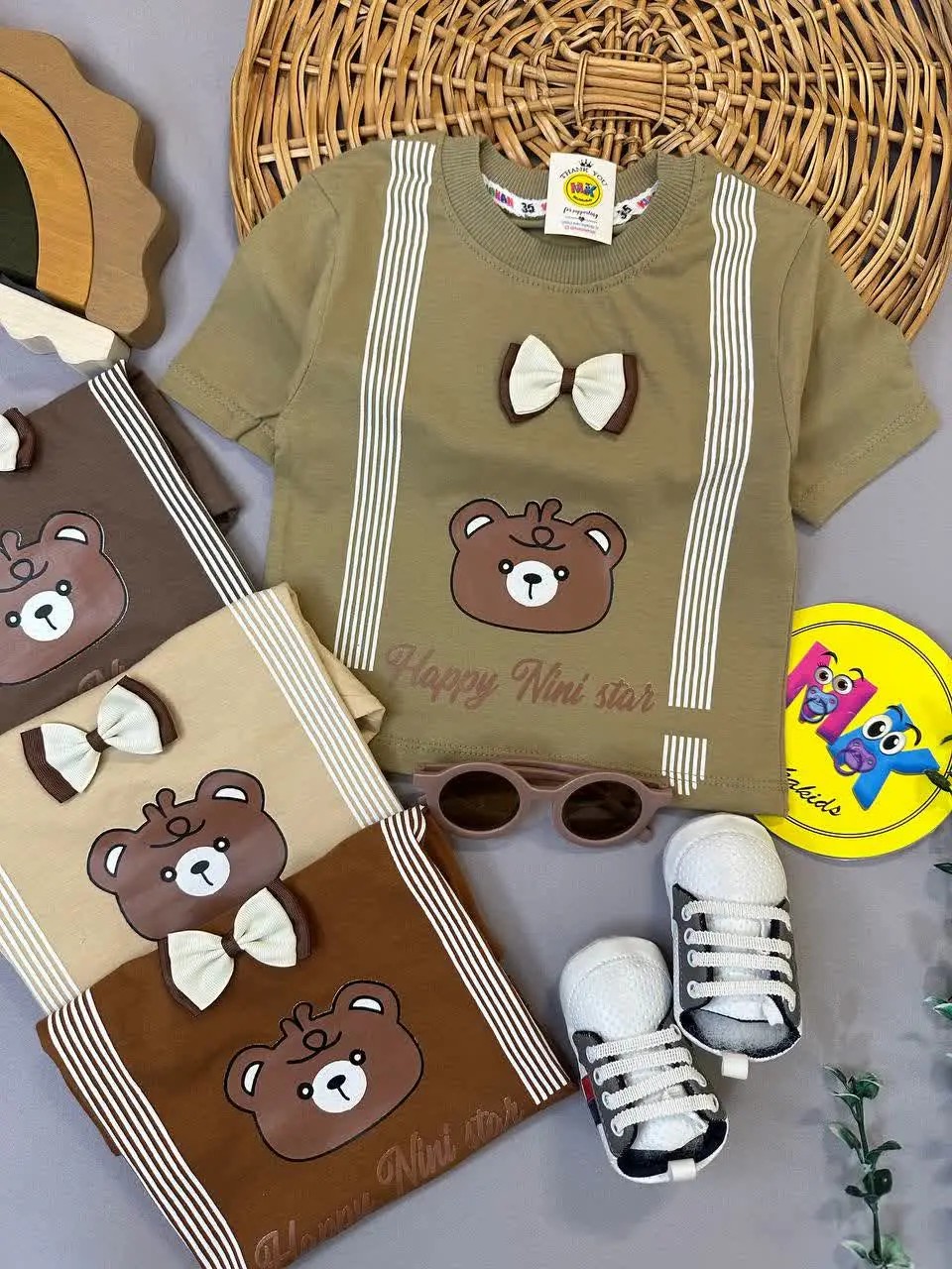 بلوز تیشرت تک طرح خرس و پاپیون نوزادی و کودک کد ۱۱۱۳۲ 
