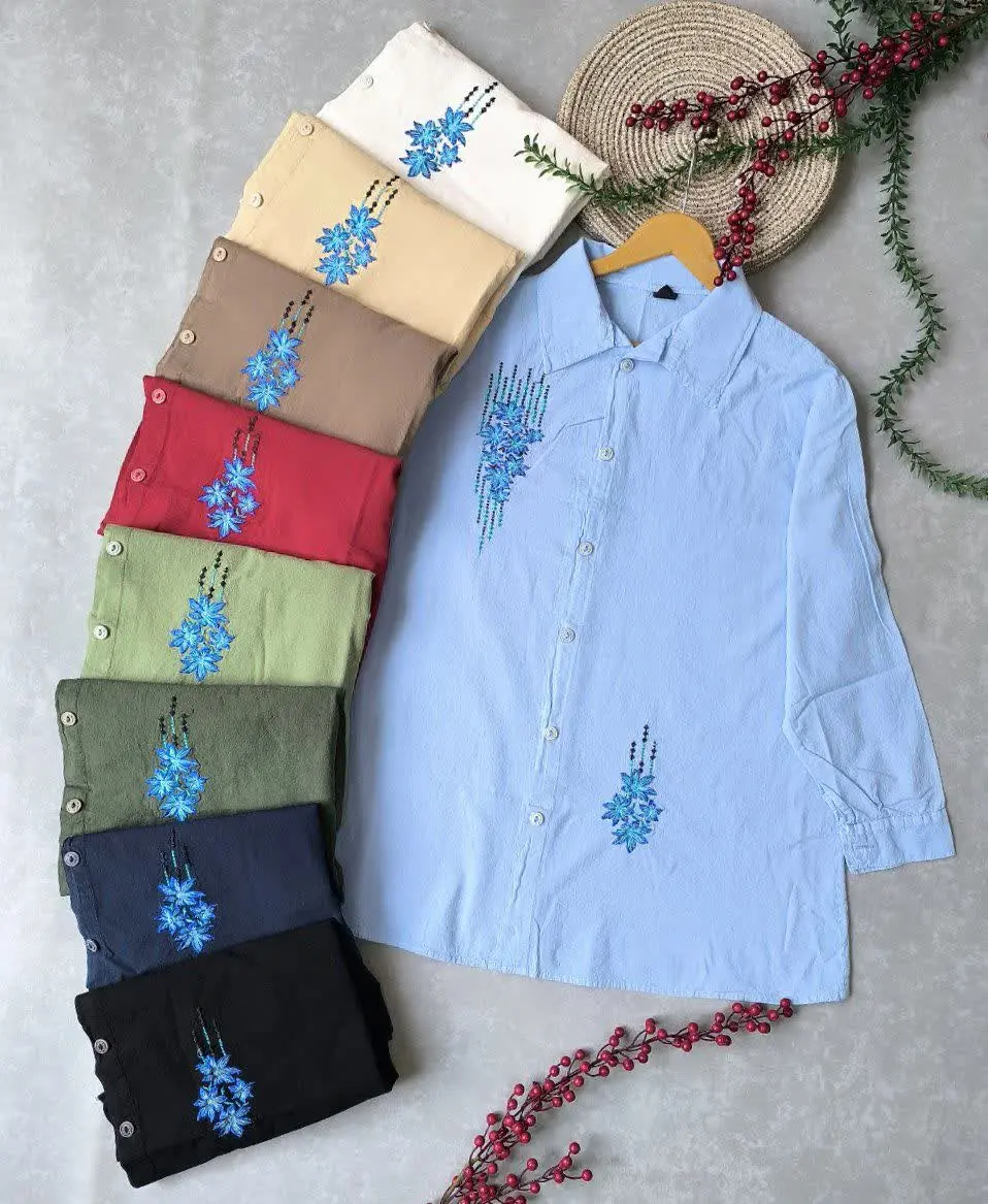 ✅شومیز گلدوزی آبی، جنس لینن