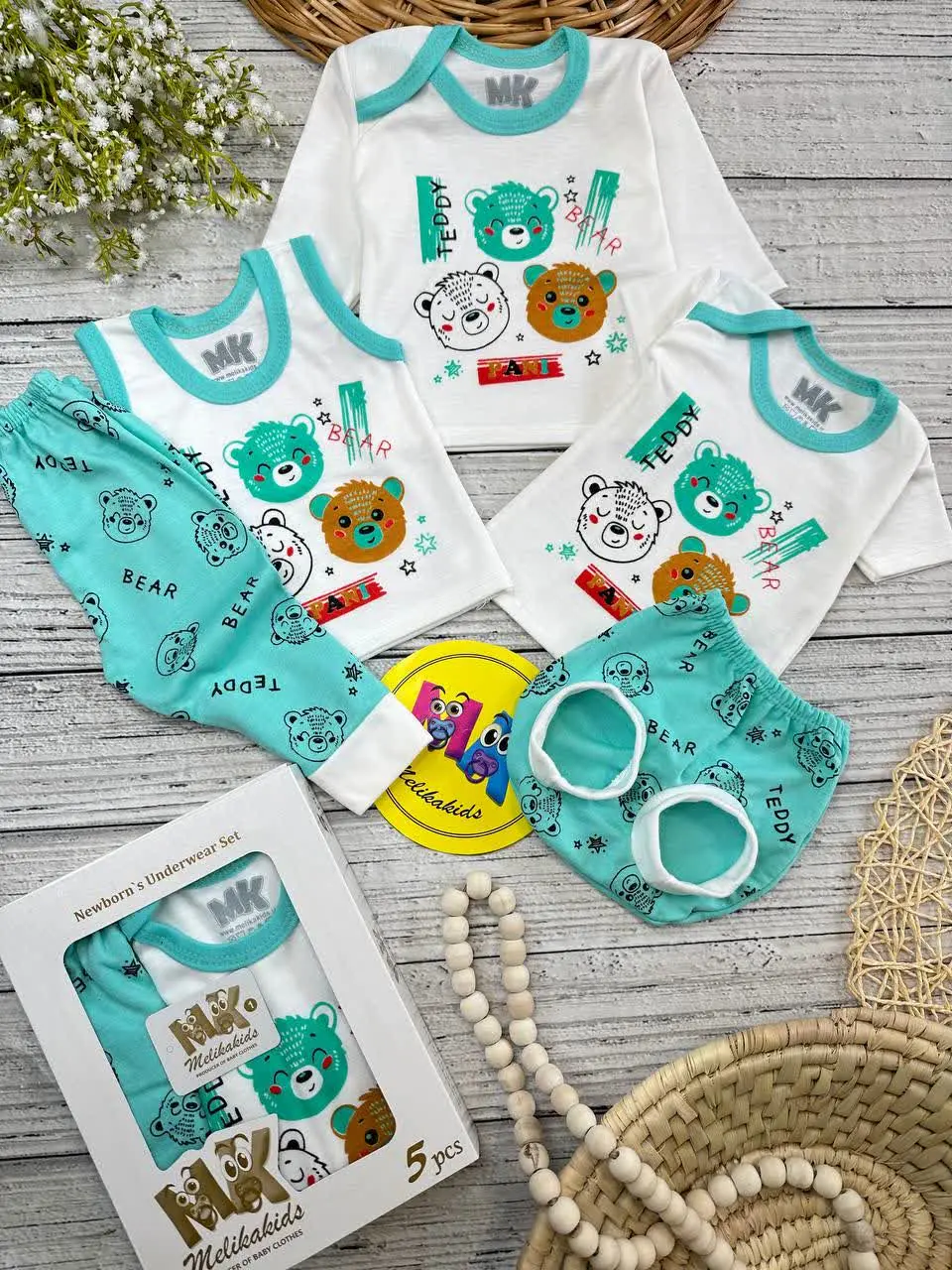 پنج تکه طرح خرس اسپرت سبزآبی نوزادی و کودک کد ۱۱۷۴۱۸ 
