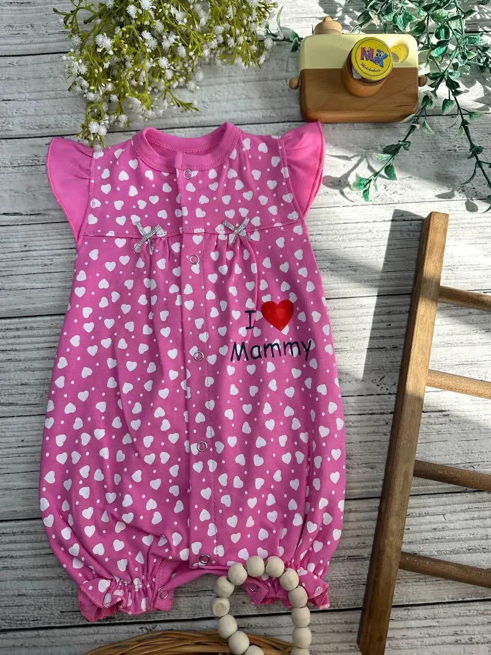 رامپر قلب ریز تمام چاپ سرخابی نوزادی و کودک کد ۱۸۰۲۵ 
