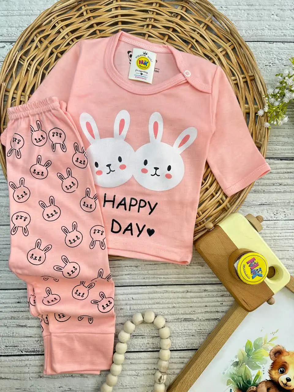 بلوز شلوار طرح دو خرگوش صورتی نوزادی و کودک کد ۱۷۳۱۹۲ 
