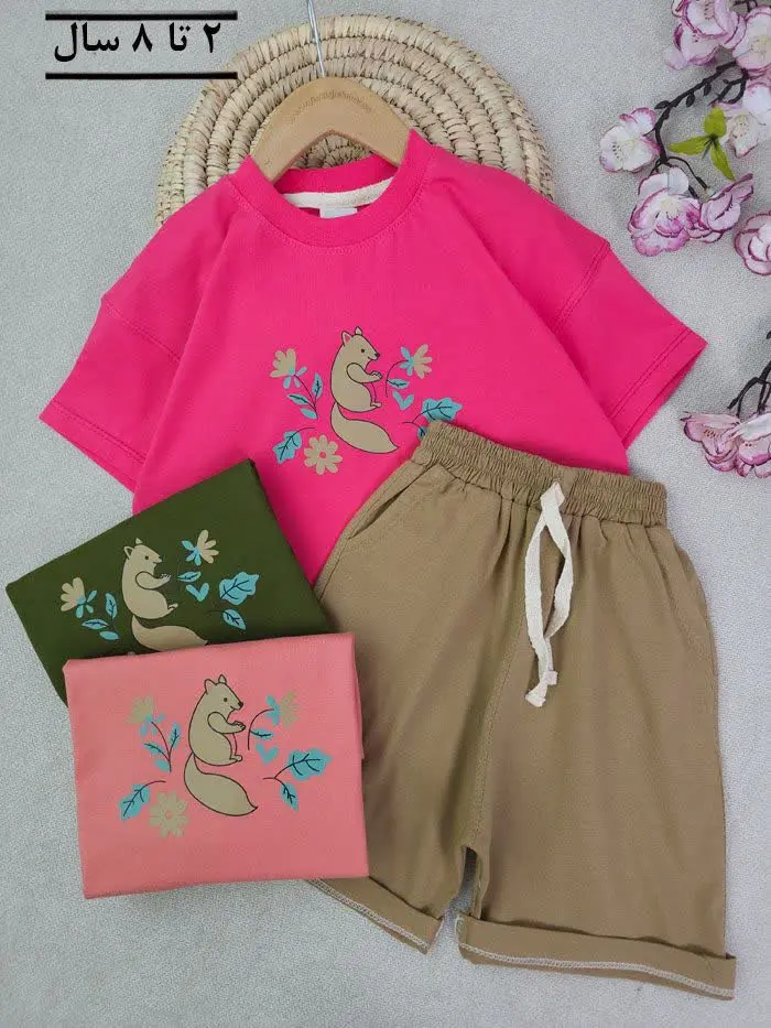 تیشرت شلوارک دخترانه گل و سنجاب
