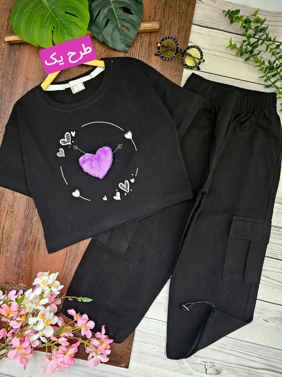 کراپ و شلوار قلب بنفش
