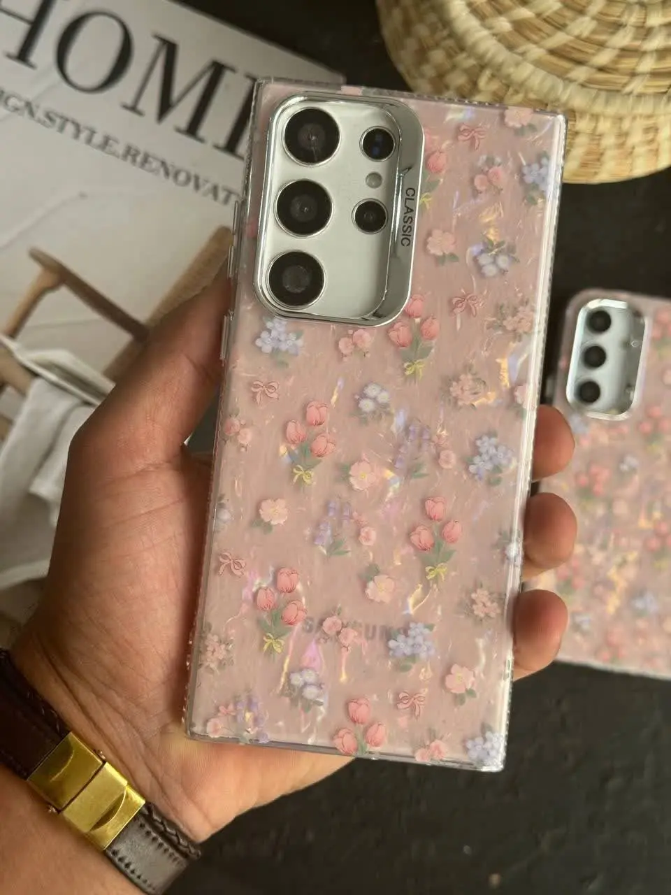 📱مدل قاب: قاب گل ریز ماربل صدفی صورتی مخصوص انواع #سامسونگ #آیفون 
