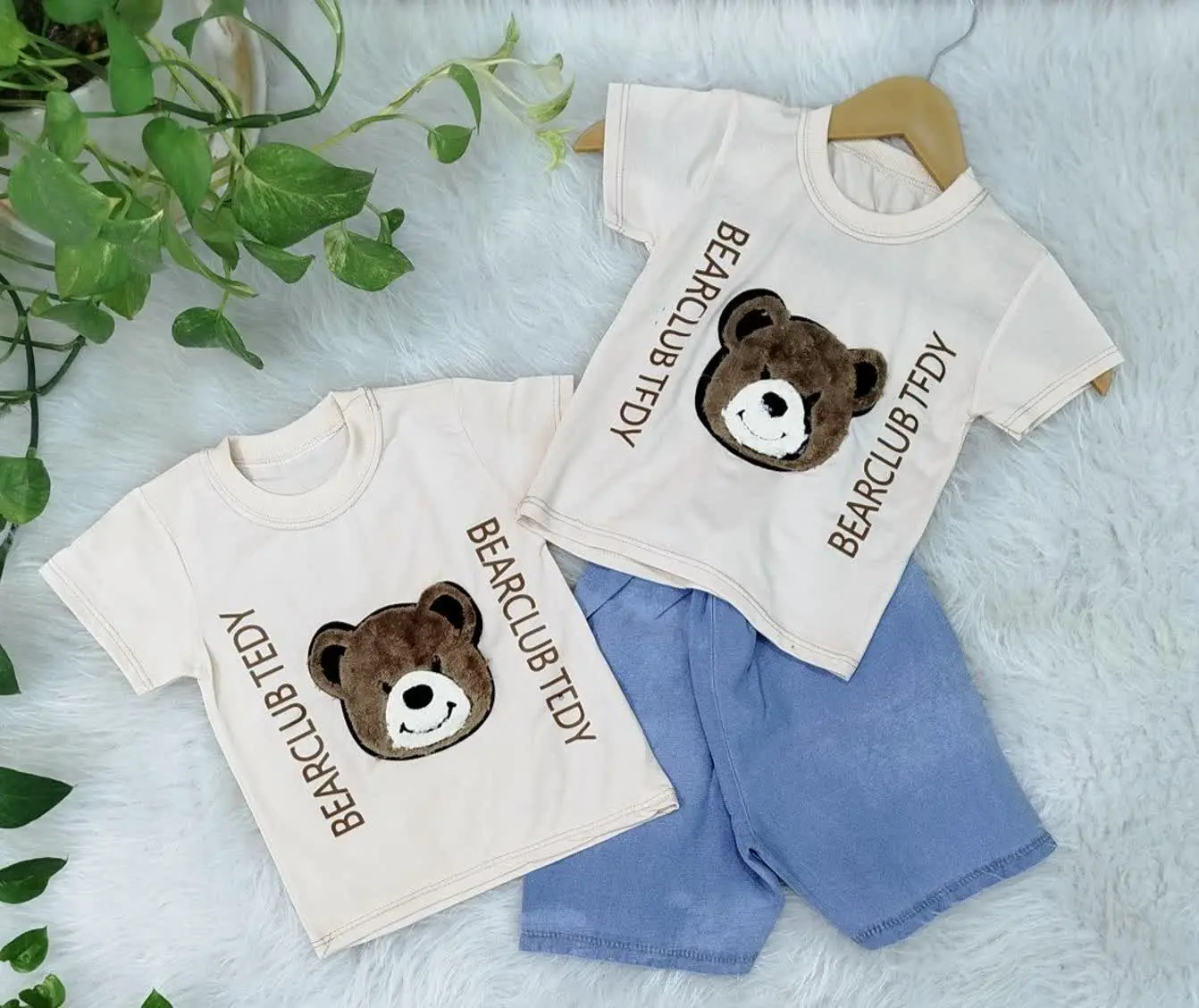 ست تیشرت شلوارک جین خرس پشمالو