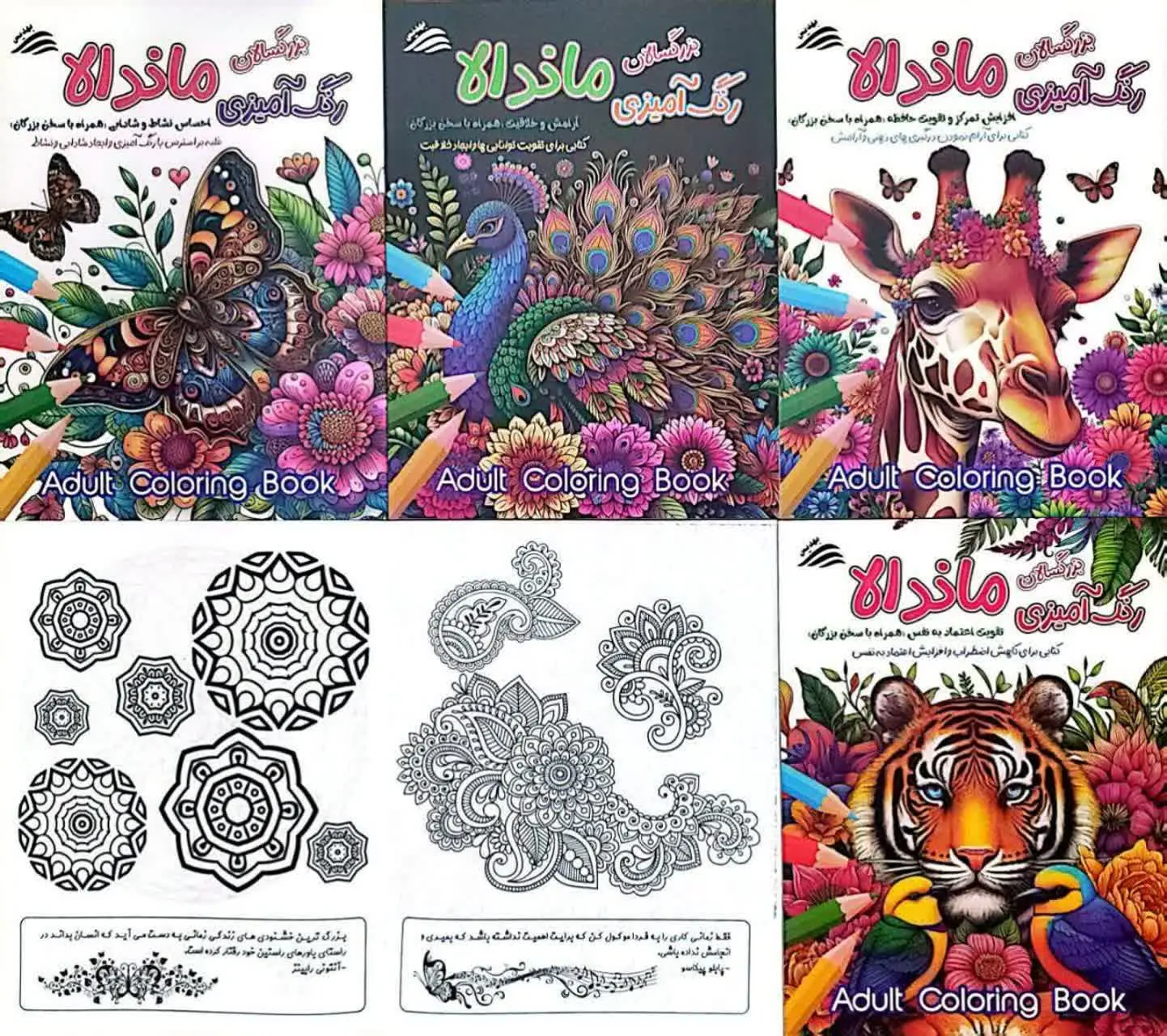 کتاب رنگ آمیزی بزرگسالان در ۴ عنوان متنوع همراه با سخن بزرگان دو زبانه‌ی ماندالا
