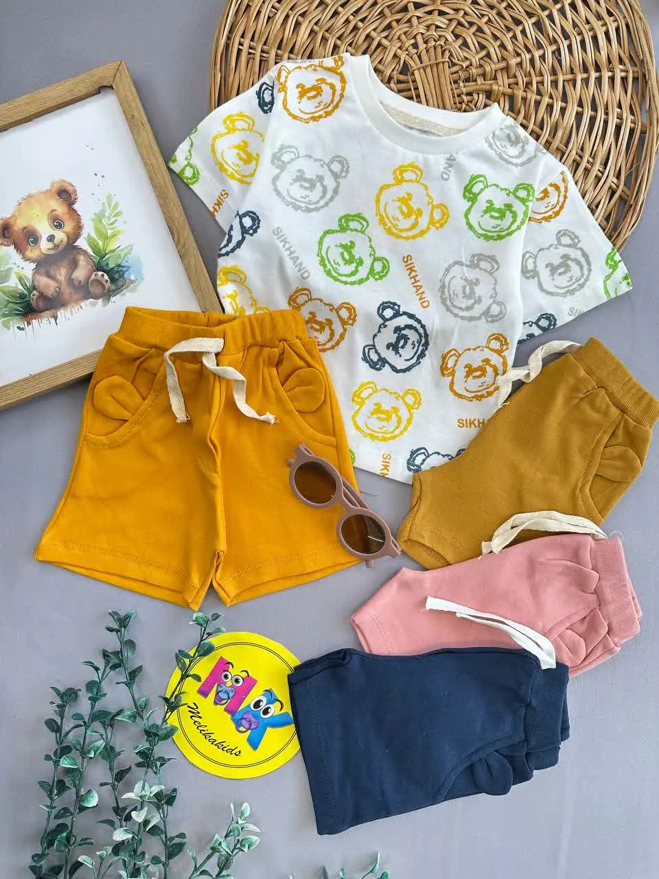 تیشرت شلوارک طرح خرس آبرنگی نوزادی و کودک کد ۱۱۱۱۳ 
