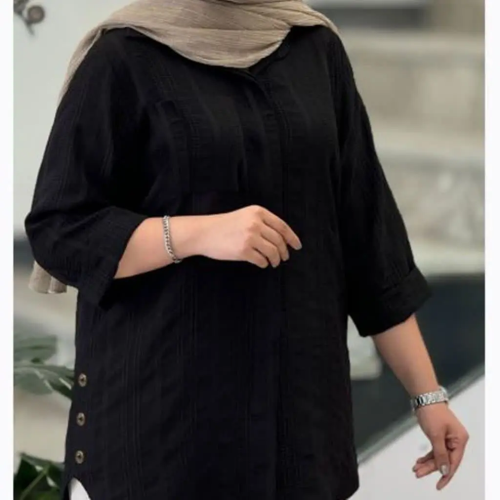 🔸 نام: #شومیز مانتویی دکمه مخفی آستین سه ربع #سایزبزرگ
